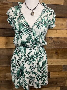 Blue Rain White & Green Tropical Print Romper